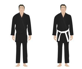 Man in karate suit. black and white belt. vector illustration