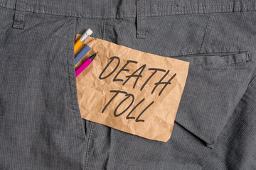 Word writing text Death Toll. Business photo showcasing the number of deaths resulting from a...
