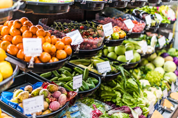 Fresh vegetables and fruits put up for sale in supermarket