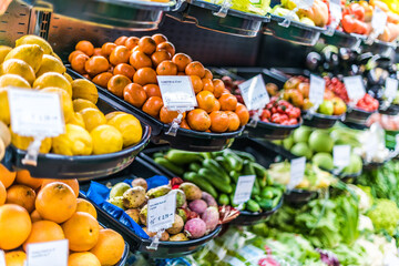 Fresh vegetables and fruits put up for sale in supermarket
