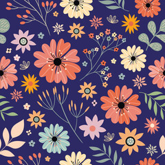Obraz premium Seamless pattern with different flowers and plants