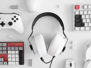 gamer work space concept, top view a gaming gear, mouse, keyboard, joystick and headset.