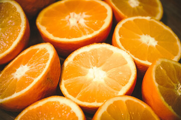 Bunch of fresh sliced oranges on a tray