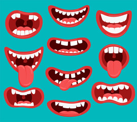 Variations of the mouths of monsters.Funny mouths with teeth and tongue sticking out.Set of different mouths.Children's entertainment color illustration. Vector elements isolated on a blue background.