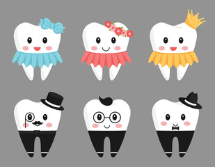 Set of 6 teeth characters. Girls in a dress and with a wreath, crown and bow. Boys with glasses and hats. The design elements in funny cartoon style.Pediatric dentistry.Healthy teeth. Isolated on gray