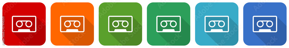 Aufkleber Retro cassette tape, audio concept icon set, flat design vector illustration in 6 colors options for webdesign and mobile applications