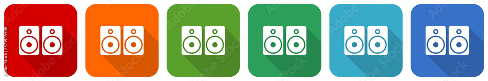 Leinwandbilder set of music speakers, loudspeaker icon set, flat design vector illustration in 6 colors options for