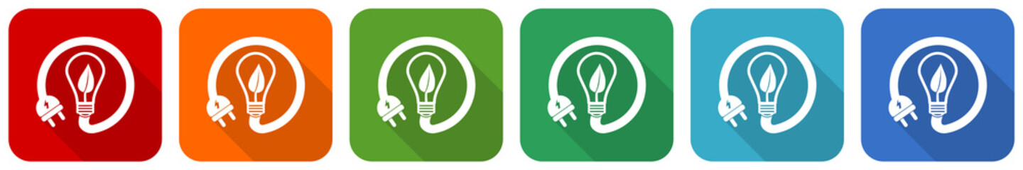 Ecology, eco bulb, renewable energy icon set, flat design vector illustration in 6 colors options for webdesign and mobile applications