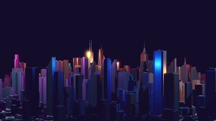 Night city with futuristic urban architecture. Growing metropolis, city development neon colors. 3d rendering.