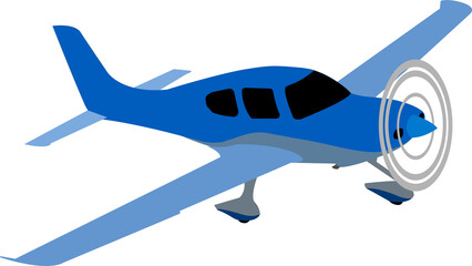 Properler aircraft with static landing gear. Light blue small passenger plane.