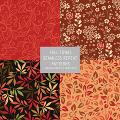 Set of four seamless repeat patterns for fall or autumn. Floral, leaf swatch for Thanksgiving or holidays. Burgundy, red, black, orange, green flower tile swatch for textile, fabric, paper.