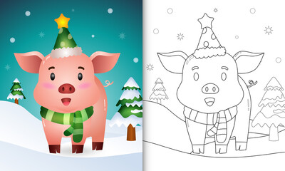 coloring book with a cute pig christmas characters collection with a hat and scarf
