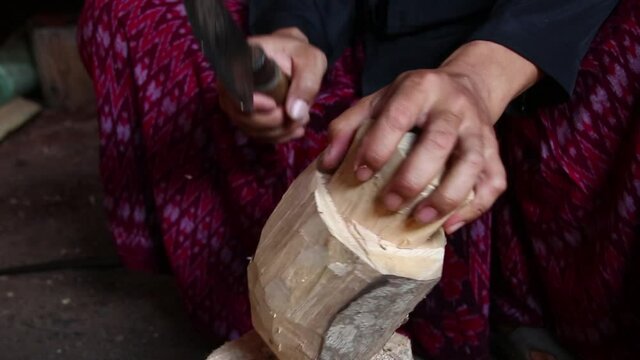 the process of making traditional wooden puppet shows from wood, with a focused selection. Photographed in low light and noise video