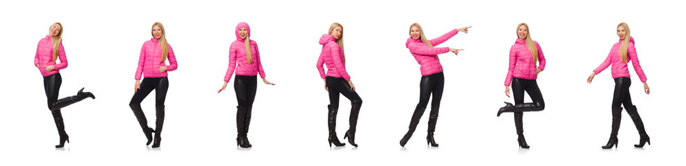 Pretty girl in winter pink jacket isolated on white