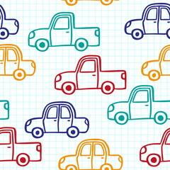 Bright multicolored contour cars isolated on a white notebook sheet. Childish cute seamless pattern. Linear sketch drawing. Side view. Vector flat graphic hand drawn illustration. Texture.