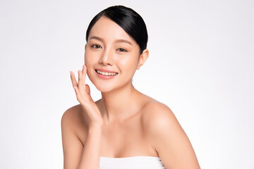 Beautiful young asian woman with clean fresh skin on white background, Face care, Facial treatment,...