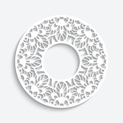 Round frame with cutout paper pattern. Elegant template for laser cutting. Circle ornamental label. White lace decoration for wedding invitation card or scrapbook design. Place for text.