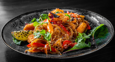 Tasty asian noodles with fried cheese tofu and vegetables in plate on black wooden table background