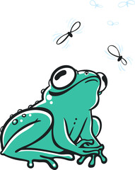 Cartoon frog with flies on white background.