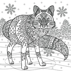 Wolf at forest in winter. Coloring book page. Isolated graphic of wild predator animal with doodle, pattern, zentangle elements. Christmas snowy vector illustration for anti stress.