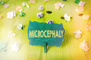 Word writing text Microcephaly. Business photo showcasing condition of abnormal smallness of circumference of the head Colored crumpled rectangle shaped reminder paper light blue background