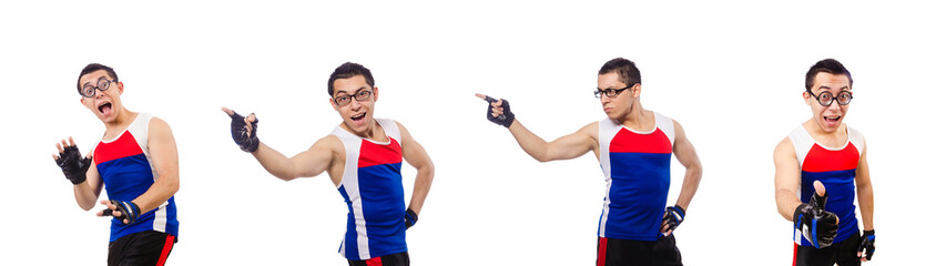 Funny man exercising on white