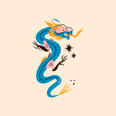 Cute blue Dragon. Mythological creature. Zodiac sign. Chinese asian cartoon style. Hand drawn colored Vector illustration. Tattoo idea. Print template. Dragon is isolated on beige background