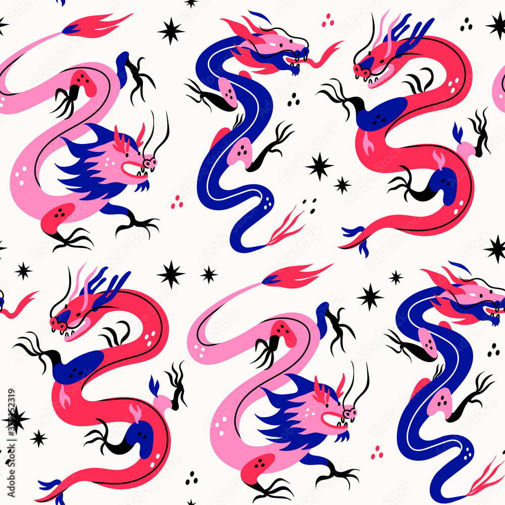 Wall mural various dragons. mythological creatures. zodiac sign. chinese asian cartoon style. hand drawn colore