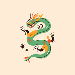 Cute green Dragon. Mythological creature. Zodiac sign. Chinese asian cartoon style. Hand drawn colored Vector illustration. Tattoo idea. Print template. Dragon is isolated on beige background