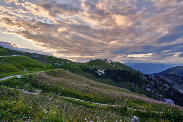 Fototapeta na wymiar a sunset view from the top of mount grappa in Italy