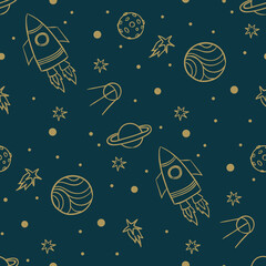 Seamless space pattern. Planets, rockets and stars. Cartoon spaceship icons. Kid's elements for scrap-booking. Children's background. Hand drawn vector illustration.