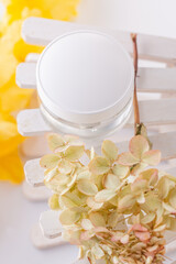 white cosmetics container and hydrangea inflorescence on a white background. Health, body care