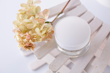 white cosmetics container and hydrangea inflorescence on a white background. Health, body care