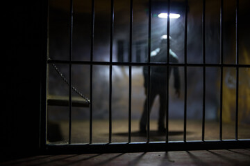 Jail or prison cell. Man in prison man behind bars concept. Old dirty grunge prison miniature. Dark...