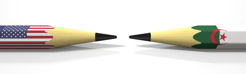 Two pencils with flags of the USA and Algeria, political conflict related 3d rendering