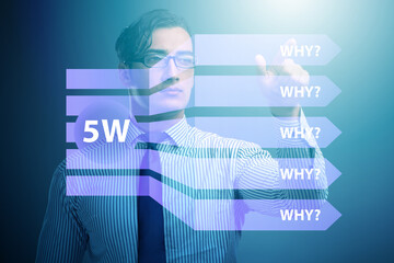 Five whys concept with businessman pressing virtual button