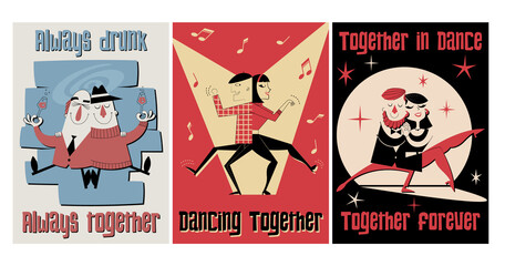 Couples of People, Drinking Buddies, Dancing Lovers, Vector Illustrations