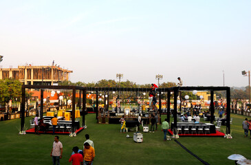 image of wedding stage getting ready before event in open party plot