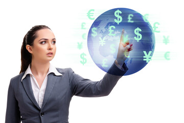 Global money transfer and exchange concept with businesswoman