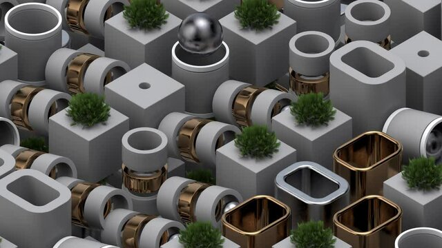 Abstract 3d render background with metallic elements, spheres, realistic plants. Modern isometric composition. Rich textures. Loop animation.