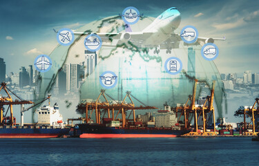 Double exposure world map on Logistics and transportation Container Cargo ship with tugboat in the ocean, Freight Transportation, Shipping and communication. Elements of this image furnished by NASA