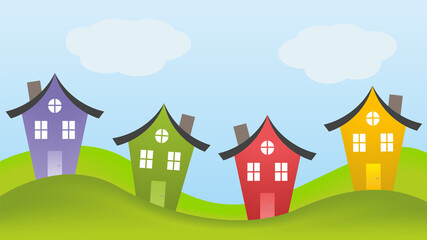 Obraz na płótnie Canvas Cute houses in a row on green hills. Vector illustration. EPS10.