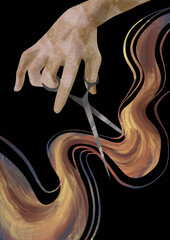 Naklejka premium Barber's hand with scissors. Fashion illustration. Design for postcards, signs, posters, beauty salon, hairdresser. Texture illustration.