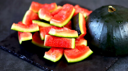 Watermelon and watermelon peels on a dark background. Eaten watermelon. Selective focus. Macro.