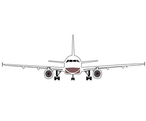 White passenger plane. Aircraft with two jet engines and extended landing gear. Frontal view of an airplane on a white background.