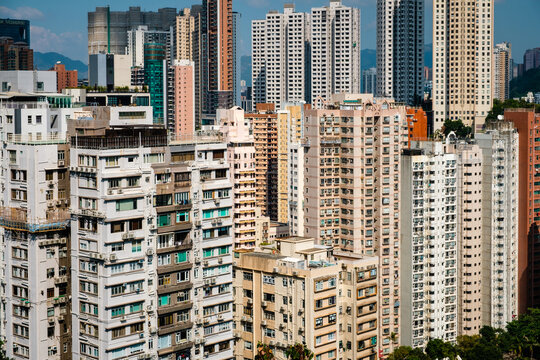 high apartment buildings in residential district, Hong Kong aerial