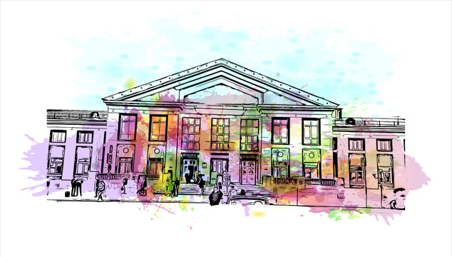 Building view with landmark of Barnaul is a city on the western banks of the Ob River in the Altai Krai region of Siberia. Watercolor splash with hand drawn sketch illustration in vector.