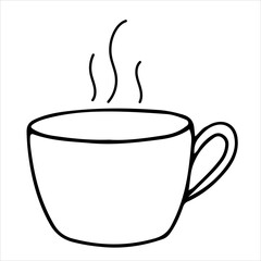 Vector mug with steam.  Hot drink.  Tea or coffee.  Illustration in doodle outline style.