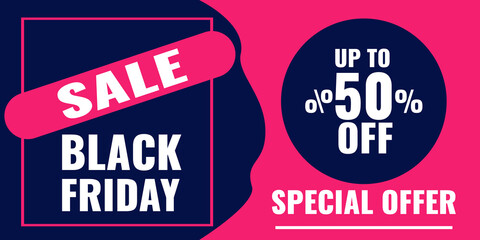 Black Friday banner. Sale 50 OFF concept. Vector stock illustration in flat style.