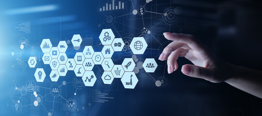 Mixed media, Business intelligence icons, analysis and big data processing dashboard. Business technology concept.